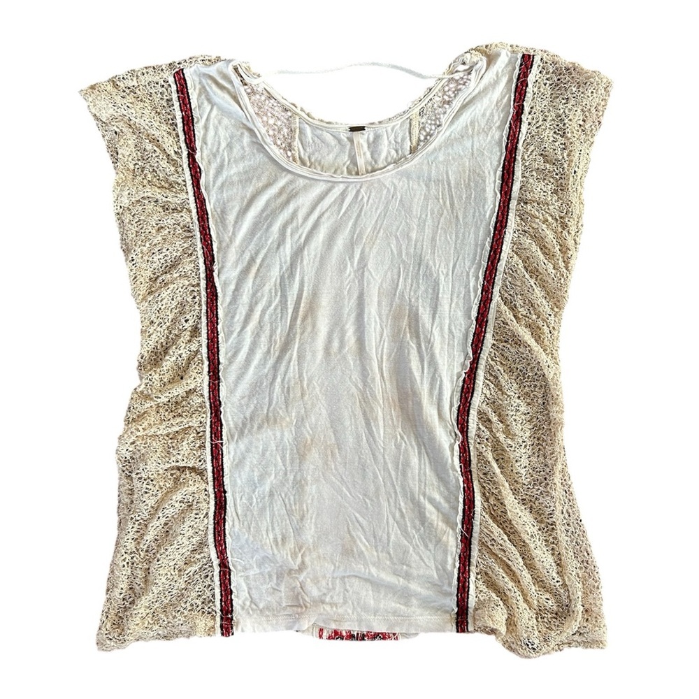 Free People | Women’s cream embroidered semi sheer tie die cap sleeve top size S